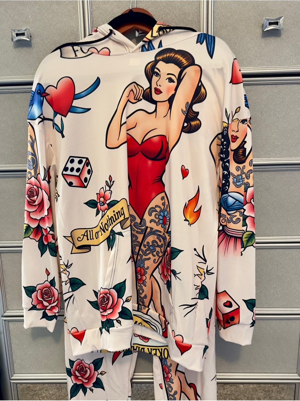 Cream Hoodie set with Red Pinup Graphic and Tattoo Motifs